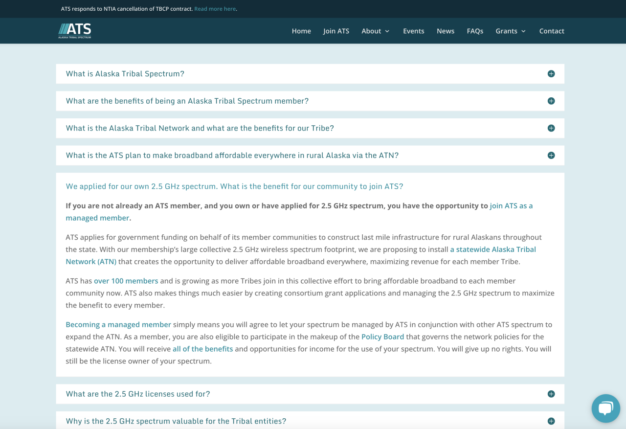 Alaska Tribal Spectrum FAQ page with open accordion